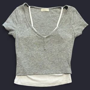 Gray and White V-Neck Layered Ribbed Top, Juniors Size Small